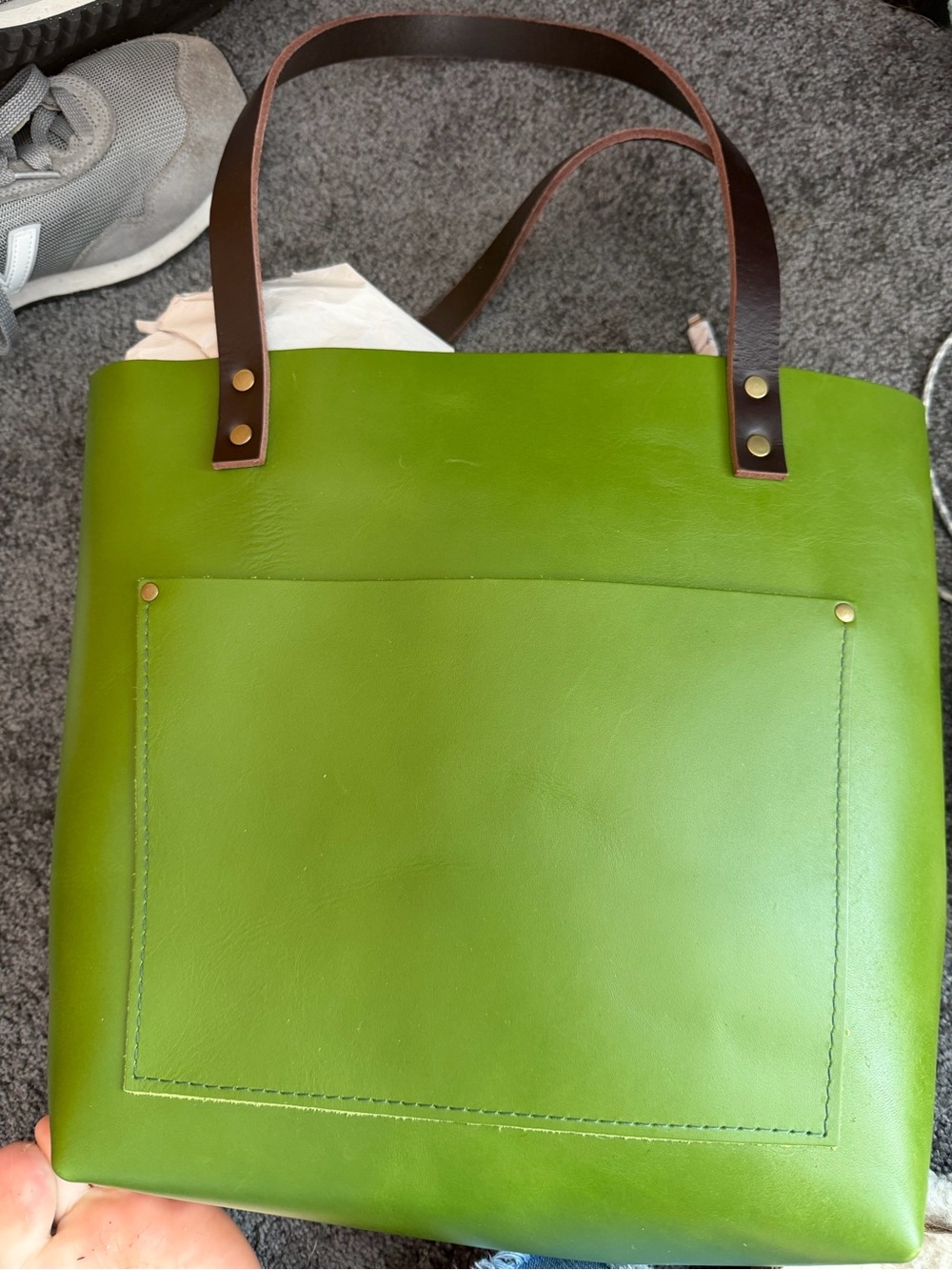 Green Portland Leather Tote Bag with Brown Handles